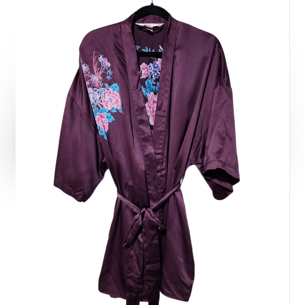 Victoria's Secret Deep Purple Floral Satin Robe One Size